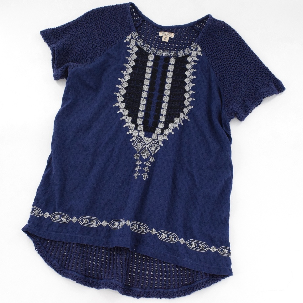 Lucky Brand Embroidered Front/Knit Back Top M
